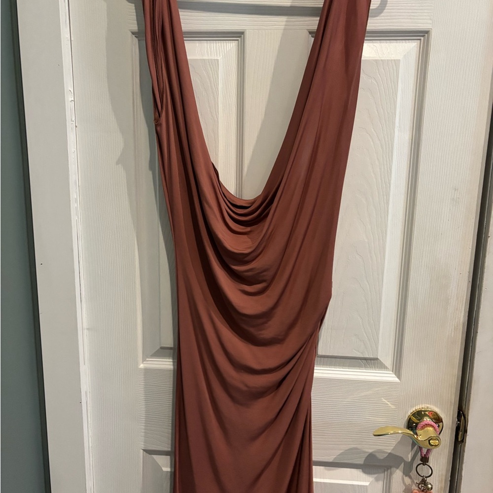 Galliano Backless light brown pink glamorous, sexy , split front  , stretchy .